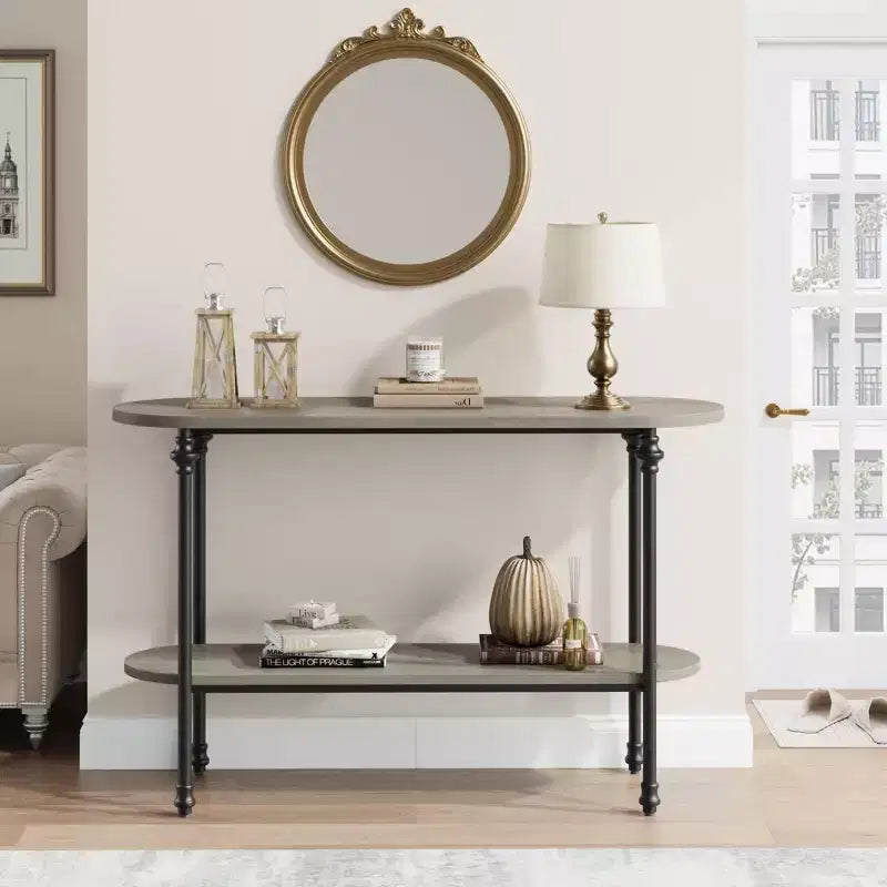 GustoWave Console Table, 43" Tavolo da Ingresso con Contenitore, Tavolino da Divano a 2 Livelli con Struttura in Metallo e MDF, Tavolo Dietro il Divano - Grigio Rustico