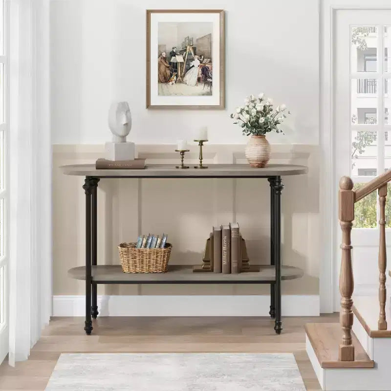 GustoWave Console Table, 43" Tavolo da Ingresso con Contenitore, Tavolino da Divano a 2 Livelli con Struttura in Metallo e MDF, Tavolo Dietro il Divano - Grigio Rustico