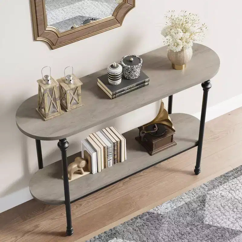 GustoWave Console Table, 43" Tavolo da Ingresso con Contenitore, Tavolino da Divano a 2 Livelli con Struttura in Metallo e MDF, Tavolo Dietro il Divano - Grigio Rustico