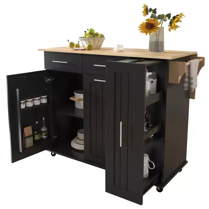 Isola da cucina con anta a ribalta, carrello multiuso con organizer estraibile a 3 livelli, ripiano interno, carrello su ruote con portasalviette e 2 cassetti