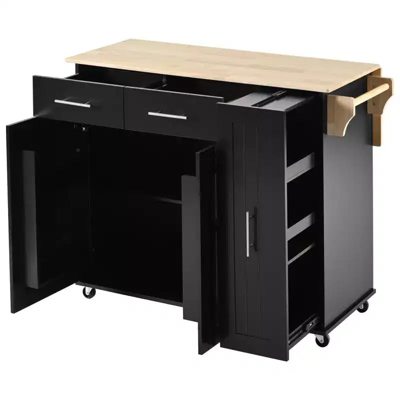 Isola da cucina con anta a ribalta, carrello multiuso con organizer estraibile a 3 livelli, ripiano interno, carrello su ruote con portasalviette e 2 cassetti