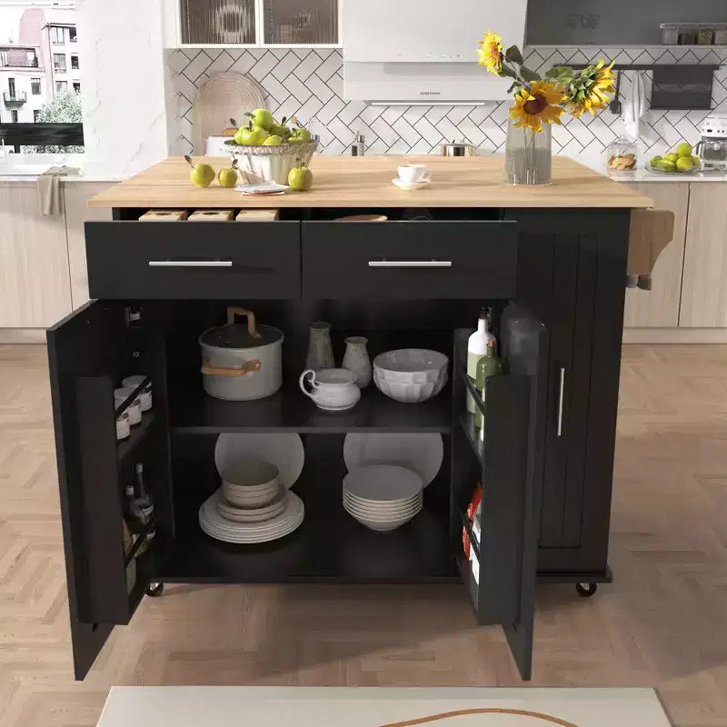 Isola da cucina con anta a ribalta, carrello multiuso con organizer estraibile a 3 livelli, ripiano interno, carrello su ruote con portasalviette e 2 cassetti