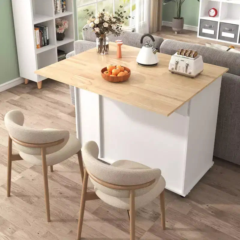 Isola da cucina con anta a ribalta, carrello multiuso con organizer estraibile a 3 livelli, ripiano interno, carrello su ruote con portasalviette e 2 cassetti
