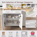 Isola da cucina con anta a ribalta, carrello multiuso con organizer estraibile a 3 livelli, ripiano interno, carrello su ruote con portasalviette e 2 cassetti