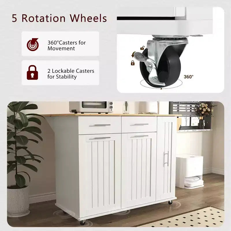 Isola da cucina con anta a ribalta, carrello multiuso con organizer estraibile a 3 livelli, ripiano interno, carrello su ruote con portasalviette e 2 cassetti
