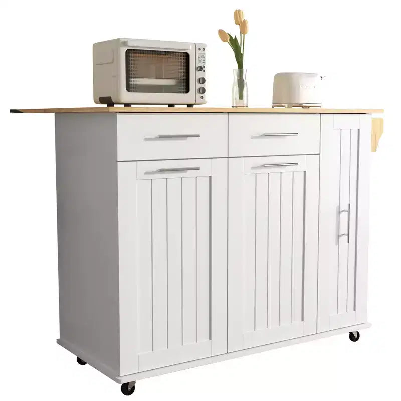 Isola da cucina con anta a ribalta, carrello multiuso con organizer estraibile a 3 livelli, ripiano interno, carrello su ruote con portasalviette e 2 cassetti