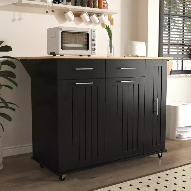 Isola da cucina con anta a ribalta, carrello multiuso con organizer estraibile a 3 livelli, ripiano interno, carrello su ruote con portasalviette e 2 cassetti