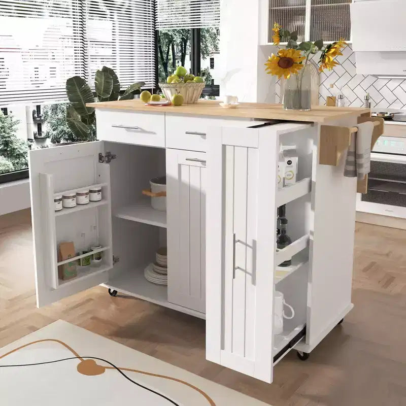 Isola da cucina con anta a ribalta, carrello multiuso con organizer estraibile a 3 livelli, ripiano interno, carrello su ruote con portasalviette e 2 cassetti