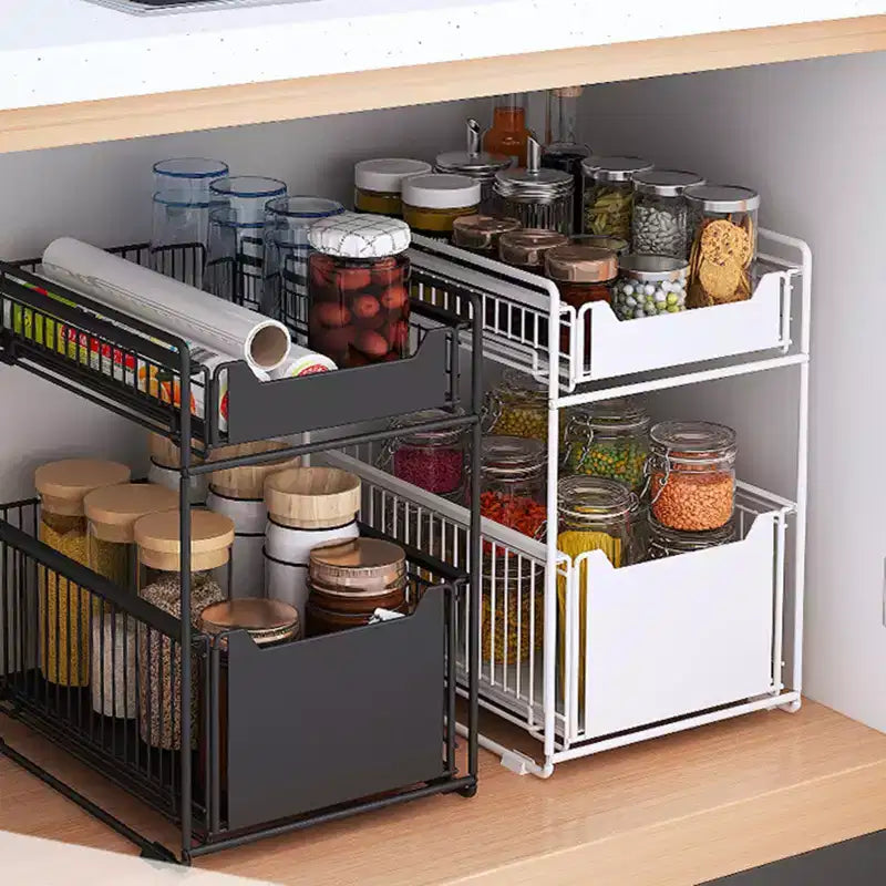 Organizzatore estraibile per armadio, cestelli in filo metallico a 2 livelli con cassetto scorrevole, cestelli in filo metallico scorrevoli in acciaio al carbonio per dispensa da cucina