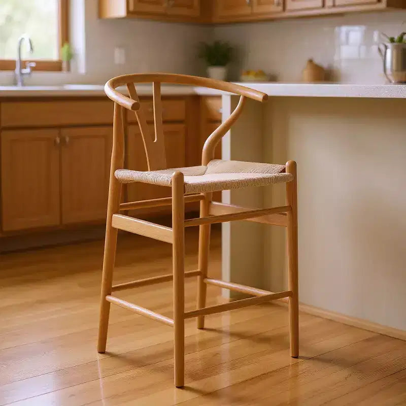 HomeRoots Sgabello da bar da 27 pollici beige e in legno massello naturale, altezza bancone