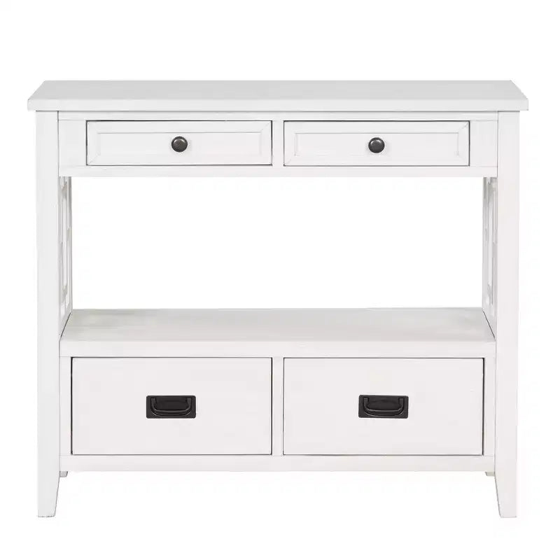 Hostack Tavolo Consolle da 36'' in Legno Stile Fattoria con 4 Cassetti e 1 Ripiano per Ingresso e Soggiorno, Bianco Antico