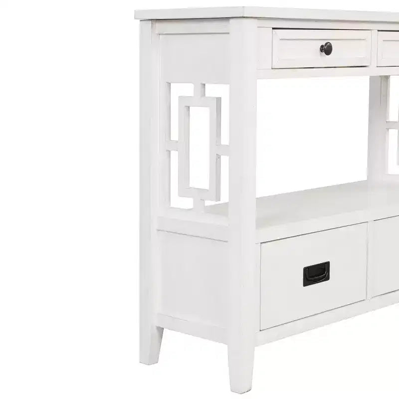 Hostack Tavolo Consolle da 36'' in Legno Stile Fattoria con 4 Cassetti e 1 Ripiano per Ingresso e Soggiorno, Bianco Antico