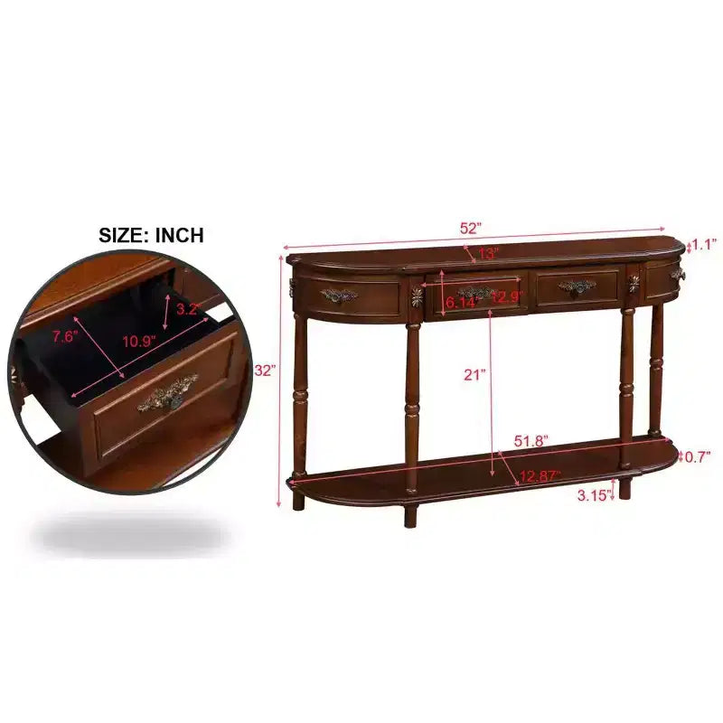 Hostack 52'' Tavolo Consolle Retrò Curvo in Legno con Ripiano Aperto e 2 Cassetti per Soggiorno e Ingresso, Ciliegio