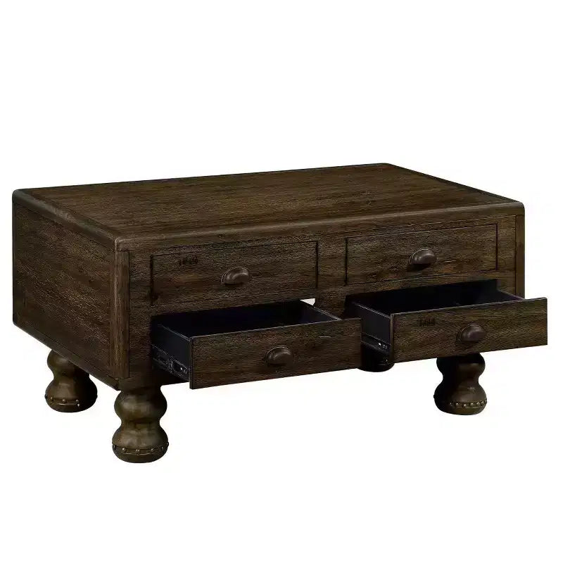 Tavolino da caffè in legno Hostack da 40'' con 4 cassetti e gambe decorate con rivetti per soggiorno, facile da montare, color espresso