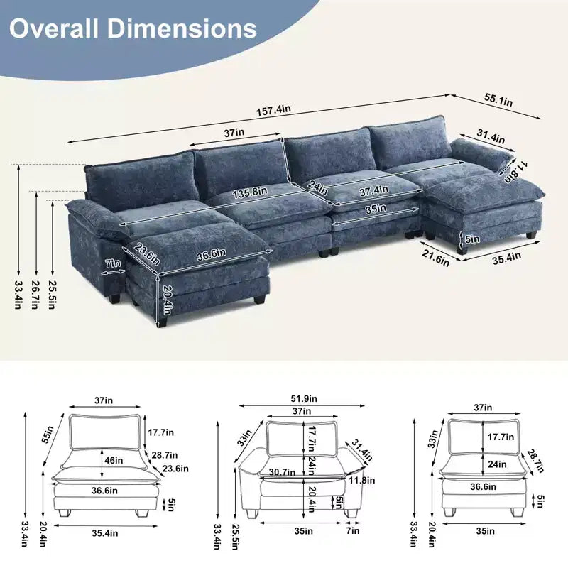 Divano in ciniglia blu Karl Home con poggiatesta a doppio strato e pouf, larghezza 393.7 cm