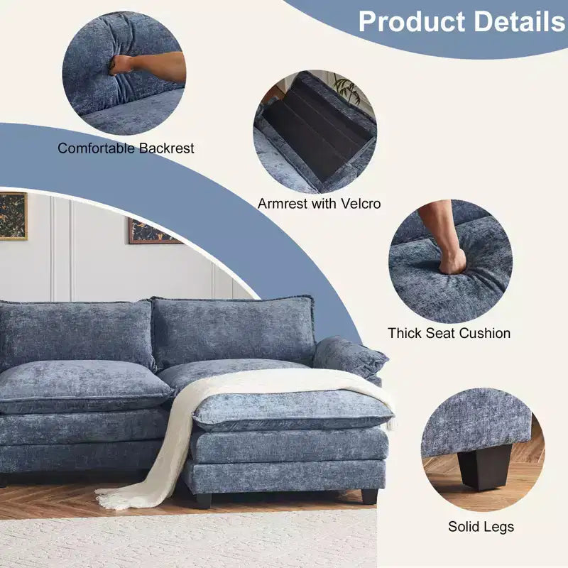 Divano in ciniglia blu Karl Home con poggiatesta a doppio strato e pouf, larghezza 393.7 cm