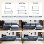 Divano in ciniglia blu Karl Home con poggiatesta a doppio strato e pouf, larghezza 393.7 cm