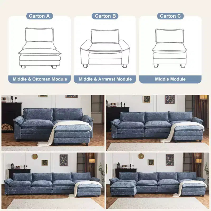 Divano in ciniglia blu Karl Home con poggiatesta a doppio strato e pouf, larghezza 393.7 cm