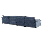 Divano in ciniglia blu Karl Home con poggiatesta a doppio strato e pouf, larghezza 393.7 cm