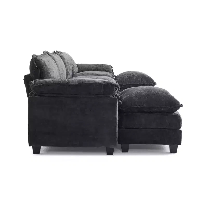 Divano in ciniglia blu Karl Home con poggiatesta a doppio strato e pouf, larghezza 393.7 cm