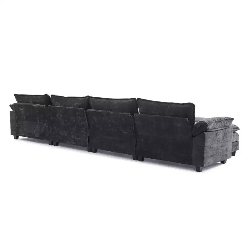 Divano in ciniglia blu Karl Home con poggiatesta a doppio strato e pouf, larghezza 393.7 cm