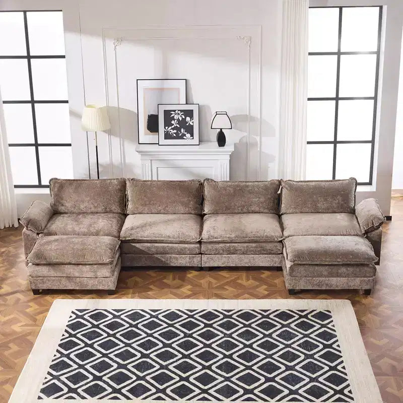 Divano in ciniglia blu Karl Home con poggiatesta a doppio strato e pouf, larghezza 393.7 cm