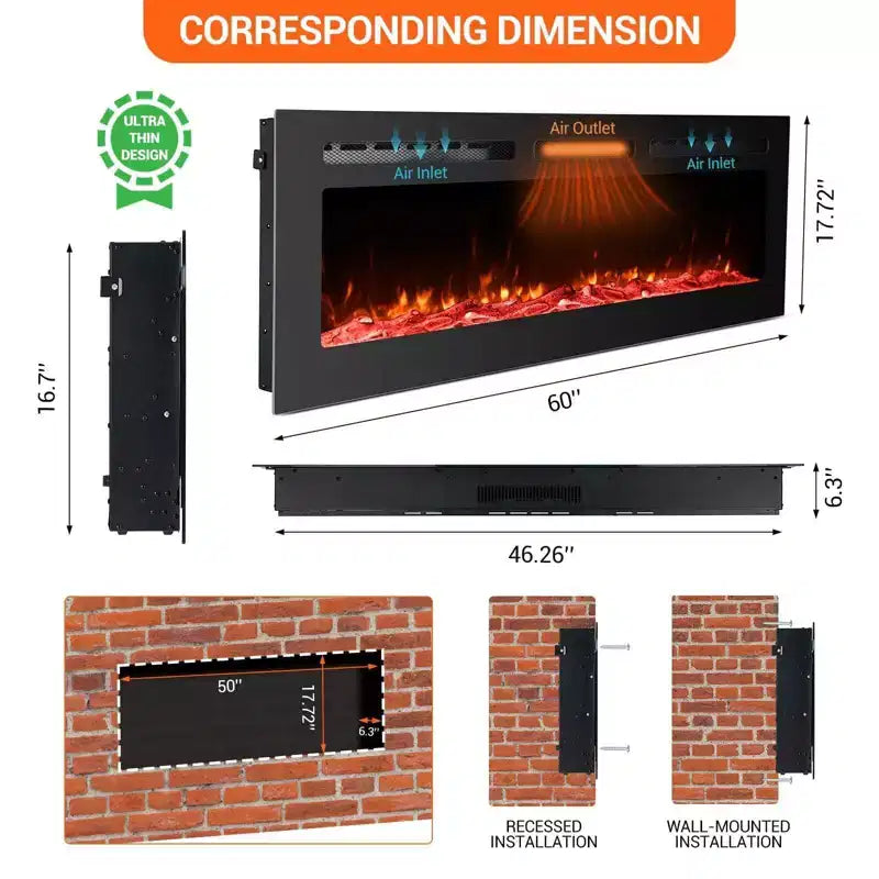 Camino elettrico ultra-sottile da 60 pollici, montaggio a parete/incasso, 144 colori di fiamma e letto, termoventilatore silenzioso, 750W/1500W, spegnimento di sicurezza per soggiorno