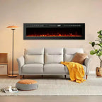 Camino elettrico ultra-sottile da 60 pollici, montaggio a parete/incasso, 144 colori di fiamma e letto, termoventilatore silenzioso, 750W/1500W, spegnimento di sicurezza per soggiorno