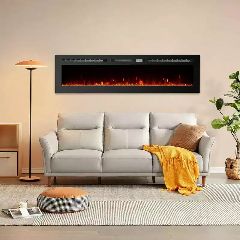 Camino elettrico ultra-sottile da 60 pollici, montaggio a parete/incasso, 144 colori di fiamma e letto, termoventilatore silenzioso, 750W/1500W, spegnimento di sicurezza per soggiorno
