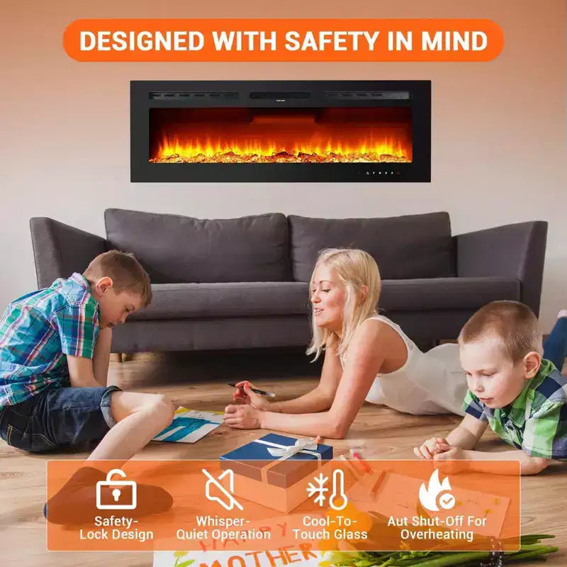 Camino elettrico ultra-sottile da 60 pollici, montaggio a parete/incasso, 144 colori di fiamma e letto, termoventilatore silenzioso, 750W/1500W, spegnimento di sicurezza per soggiorno