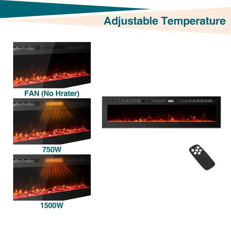 Camino elettrico ultra-sottile da 60 pollici, montaggio a parete/incasso, 144 colori di fiamma e letto, termoventilatore silenzioso, 750W/1500W, spegnimento di sicurezza per soggiorno