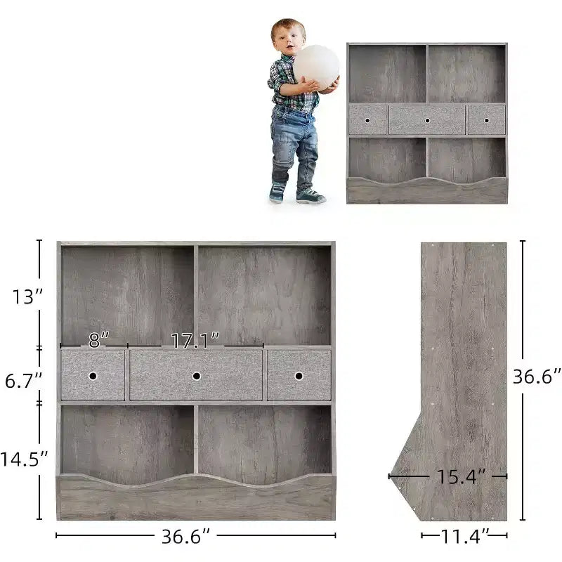 Acekool Organizzatore Portagiochi per Bambini a 7 Scomparti con Cassetti, Libreria a 3 Livelli per Sala Giochi, Soggiorno, Scuola, Confezione da 2, Grigio
