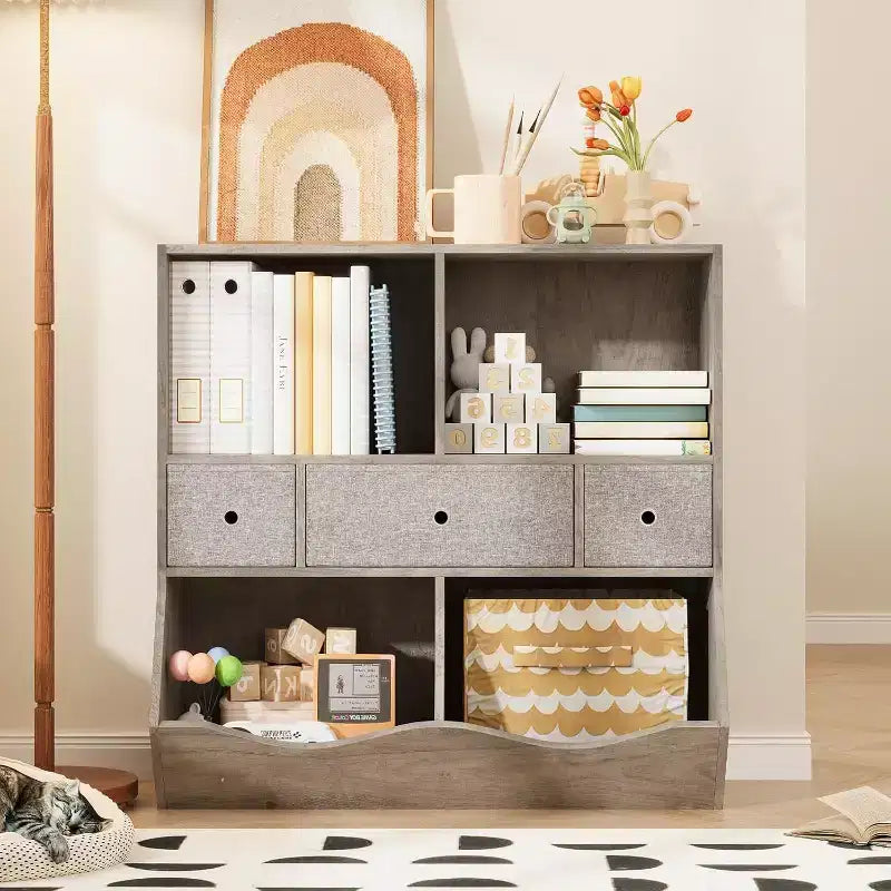 Acekool Organizzatore Portagiochi per Bambini a 7 Scomparti con Cassetti, Libreria a 3 Livelli per Sala Giochi, Soggiorno, Scuola, Confezione da 2, Grigio