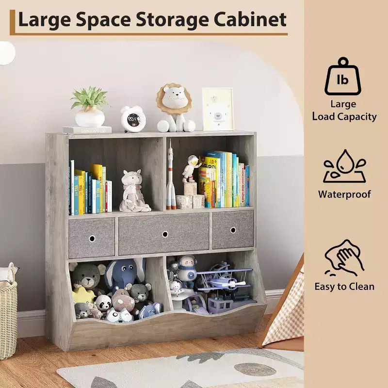 Acekool Organizzatore Portagiochi per Bambini a 7 Scomparti con Cassetti, Libreria a 3 Livelli per Sala Giochi, Soggiorno, Scuola, Confezione da 2, Grigio