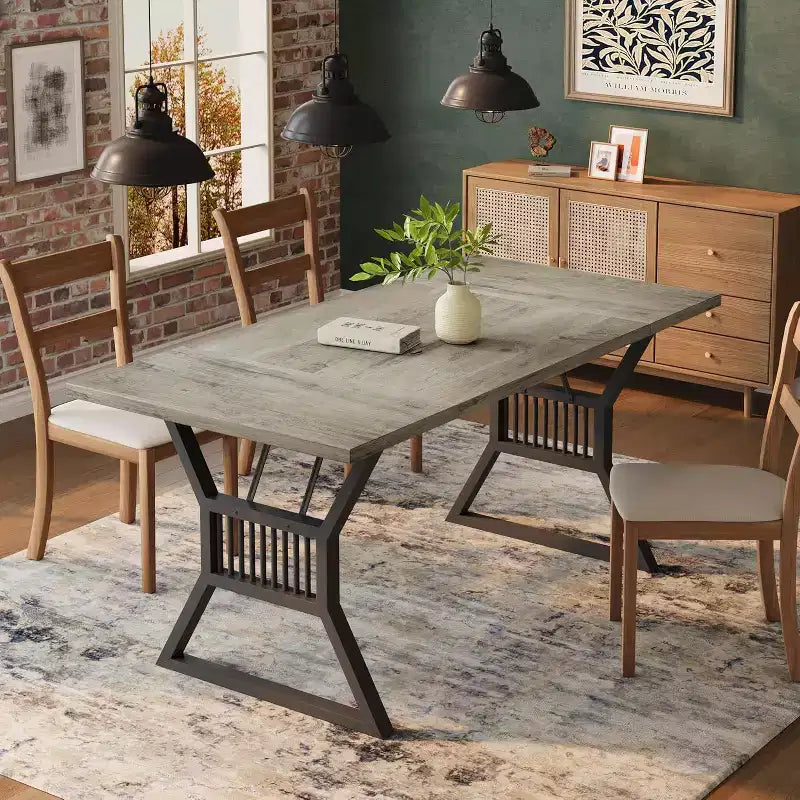 70.8in Farmhouse Dining Table For 4-6 Person, Industrial Wooden Rectangle Kitchen Table with Metal Legs for Living Room, Dining Room