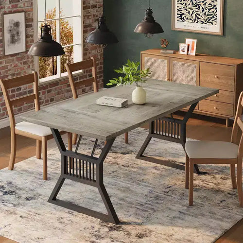 70.8in Farmhouse Dining Table For 4-6 Person, Industrial Wooden Rectangle Kitchen Table with Metal Legs for Living Room, Dining Room