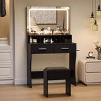 Scrivania da toeletta larga 80 cm con specchio, stazione di ricarica e sgabello, set compatto da trucco in legno per cameretta, dormitorio e appartamento