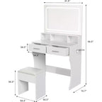 Scrivania da toeletta larga 80 cm con specchio, stazione di ricarica e sgabello, set compatto da trucco in legno per cameretta, dormitorio e appartamento