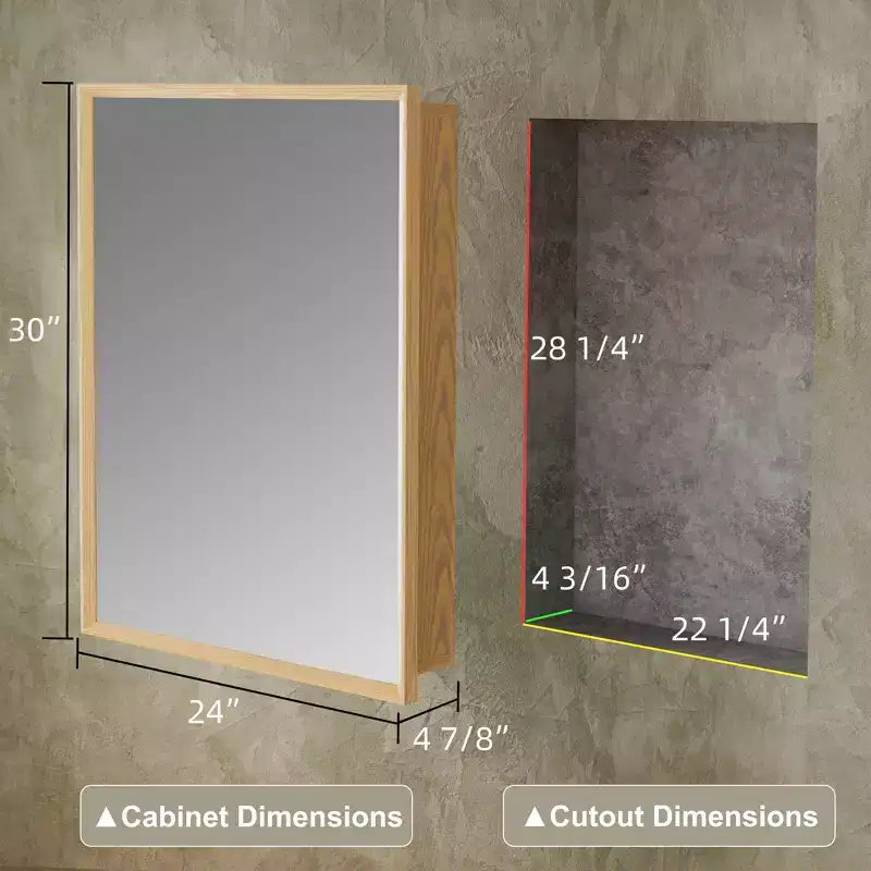 Armadietto da bagno con specchio e ripiani regolabili in legno di quercia, Mobiletto contenitore da parete con specchio per bagno