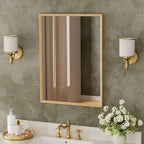 Armadietto da bagno con specchio e ripiani regolabili in legno di quercia, Mobiletto contenitore da parete con specchio per bagno