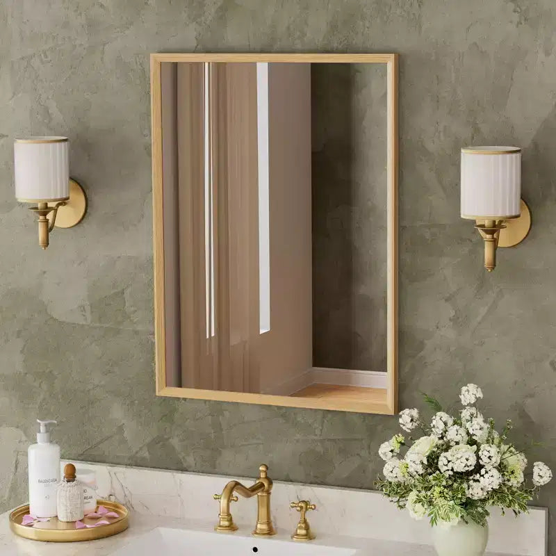 Armadietto da bagno con specchio e ripiani regolabili in legno di quercia, Mobiletto contenitore da parete con specchio per bagno