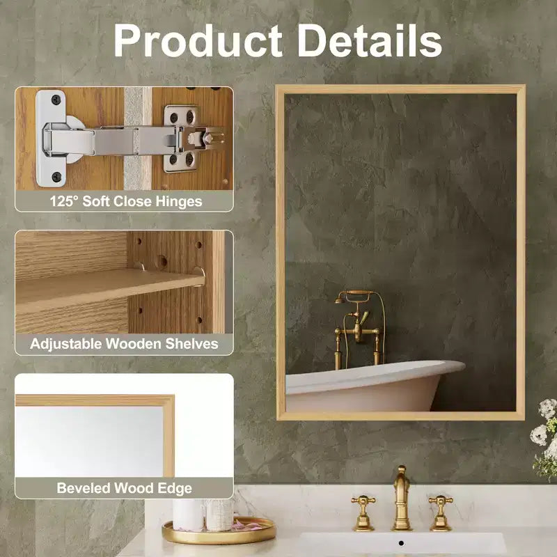 Armadietto da bagno con specchio e ripiani regolabili in legno di quercia, Mobiletto contenitore da parete con specchio per bagno