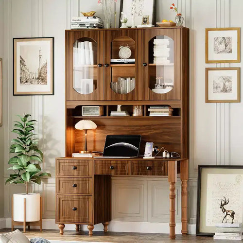 47 Retro Office Desk with Charging Station & Hutch, Computer Desk with 5 Drawers, Glass-Door Bookshelf, Writing Desk, Walnut - ModernLuxe