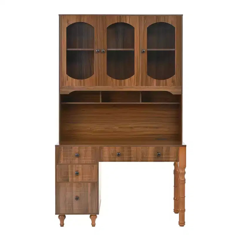 Scrivania retrò da 47 pollici con stazione di ricarica e ripiano, scrivania per computer con 5 cassetti, libreria con ante in vetro, scrivania da scrittura, noce - ModernLuxe