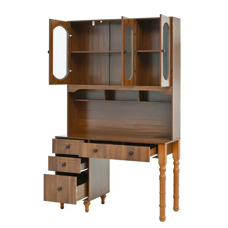 Scrivania retrò da 47 pollici con stazione di ricarica e ripiano, scrivania per computer con 5 cassetti, libreria con ante in vetro, scrivania da scrittura, noce - ModernLuxe