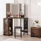 Toeletta da trucco angolare con sgabello e specchio, grande tavolo da trucco con contenitore, set di toeletta per camera da letto e piccoli spazi