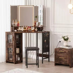 Toeletta da trucco angolare con sgabello e specchio, grande tavolo da trucco con contenitore, set di toeletta per camera da letto e piccoli spazi