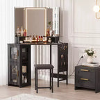 Toeletta da trucco angolare con sgabello e specchio, grande tavolo da trucco con contenitore, set di toeletta per camera da letto e piccoli spazi
