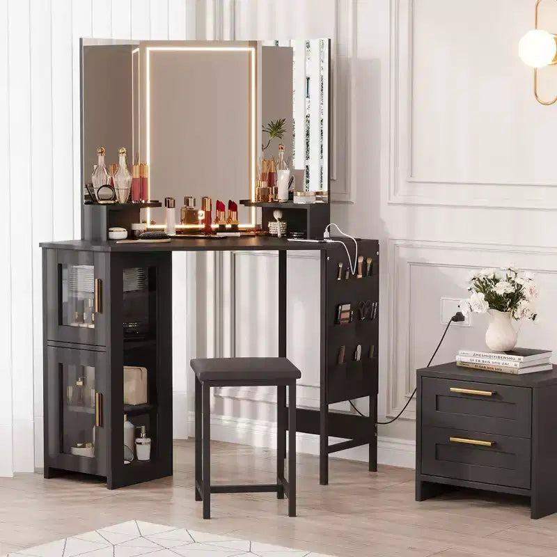 Toeletta da trucco angolare con sgabello e specchio, grande tavolo da trucco con contenitore, set di toeletta per camera da letto e piccoli spazi
