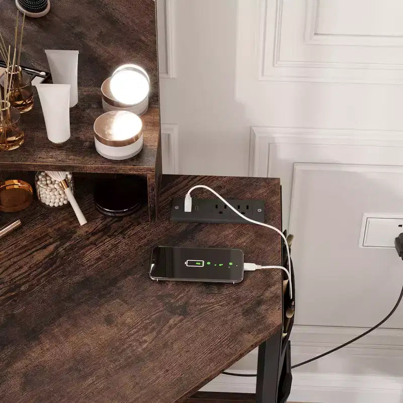 Toeletta da trucco angolare con sgabello e specchio, grande tavolo da trucco con contenitore, set di toeletta per camera da letto e piccoli spazi